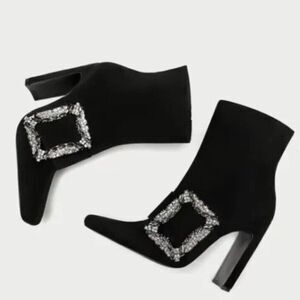 Zara Black Suede Jewel Buckle Booties Size 41